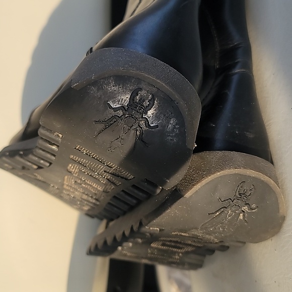 Fly London Womens  Sz 9 Black Mid-Calf Buckle Zipped Wedge Leather Boot Lug Moto - Picture 12 of 14